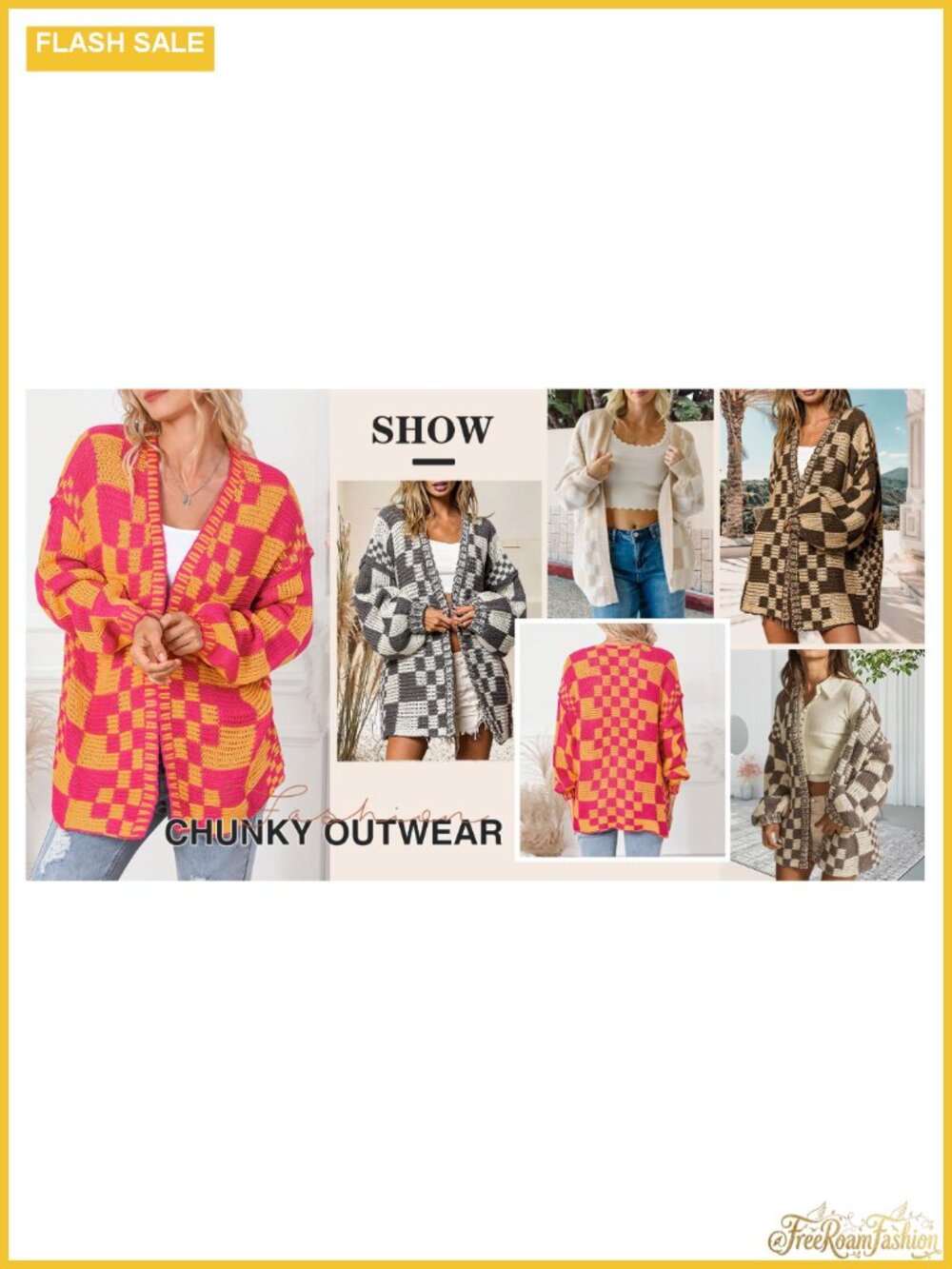 Chunky Cardigan Sweater Ribbed Knit Plaid Drop Shoulder Loose Fit - Picture 6 of 6